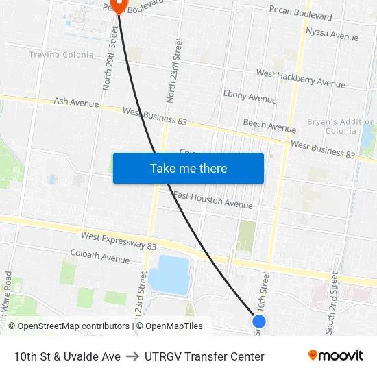 10th St & Uvalde Ave to UTRGV Transfer Center map