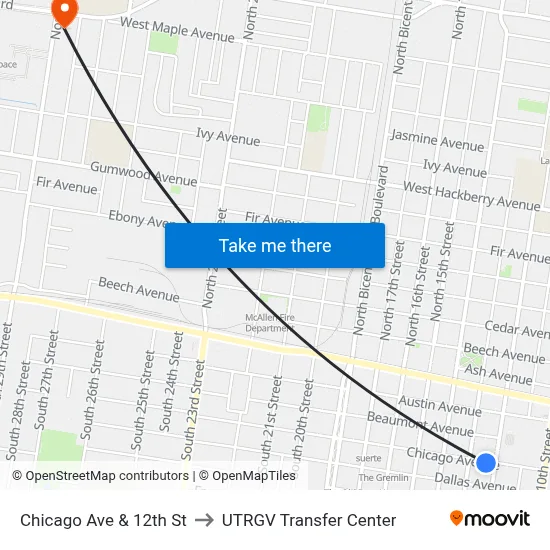 Chicago Ave & 12th St to UTRGV Transfer Center map