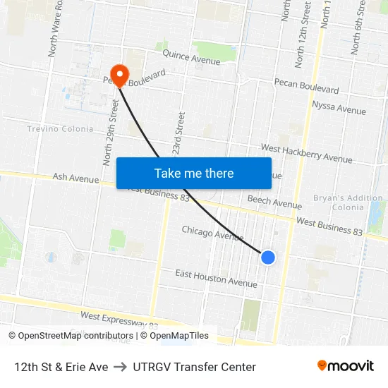 12th St & Erie Ave to UTRGV Transfer Center map