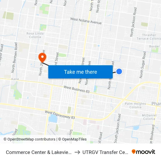 Commerce Center & Lakeview Dr to UTRGV Transfer Center map