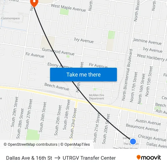 Dallas Ave & 16th St to UTRGV Transfer Center map