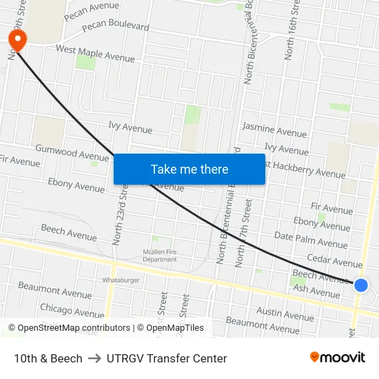 10th & Beech to UTRGV Transfer Center map