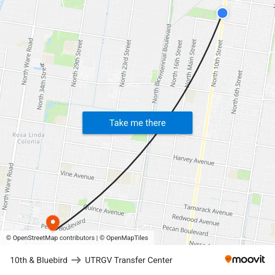 10th & Bluebird to UTRGV Transfer Center map