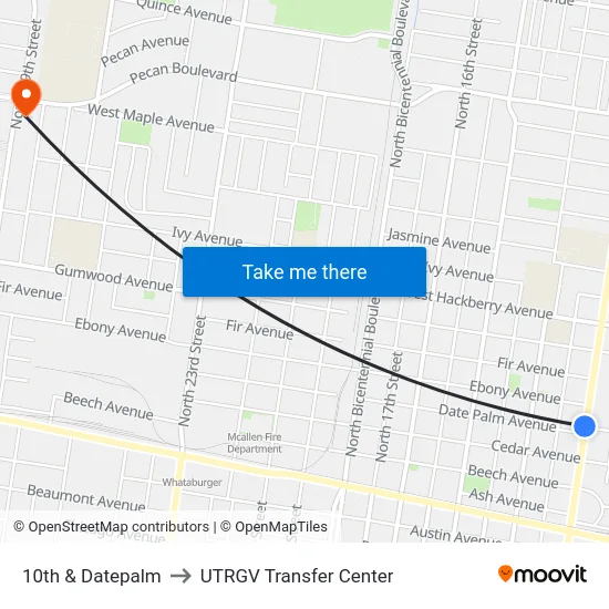 10th & Datepalm to UTRGV Transfer Center map