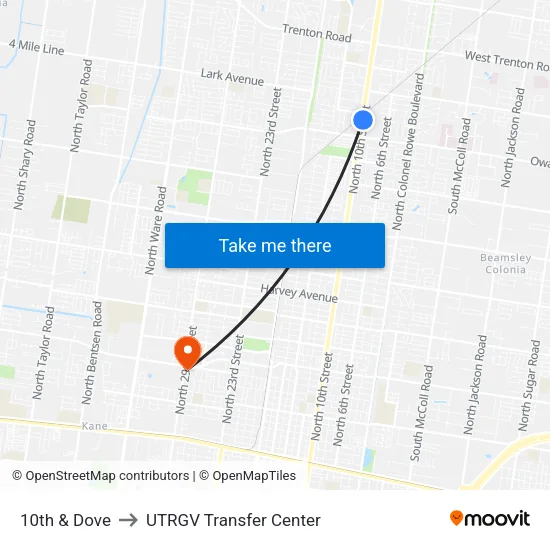 10th & Dove to UTRGV Transfer Center map