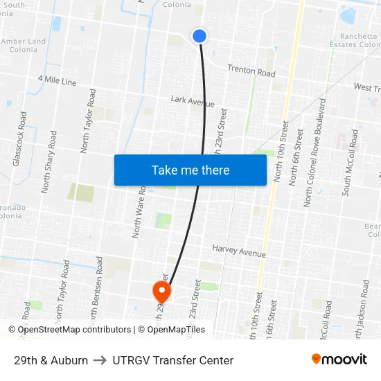 29th & Auburn to UTRGV Transfer Center map