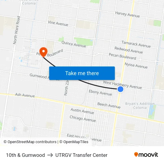 10th & Gumwood to UTRGV Transfer Center map