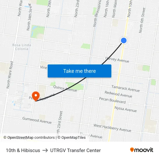 10th & Hibiscus to UTRGV Transfer Center map
