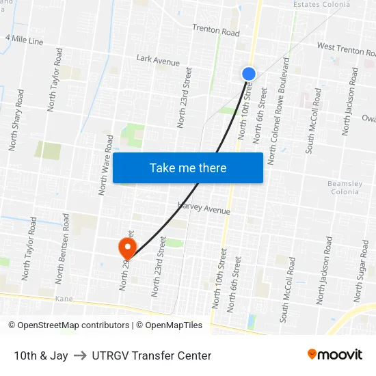 10th & Jay to UTRGV Transfer Center map