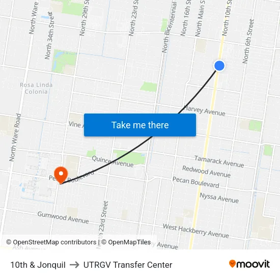 10th & Jonquil to UTRGV Transfer Center map