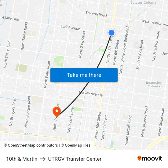 10th & Martin to UTRGV Transfer Center map