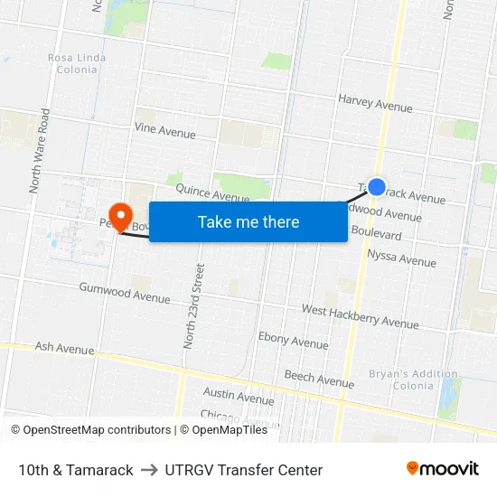 10th & Tamarack to UTRGV Transfer Center map