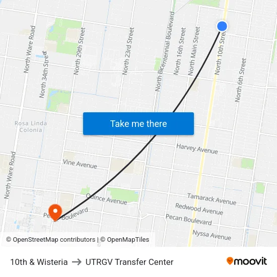 10th & Wisteria to UTRGV Transfer Center map