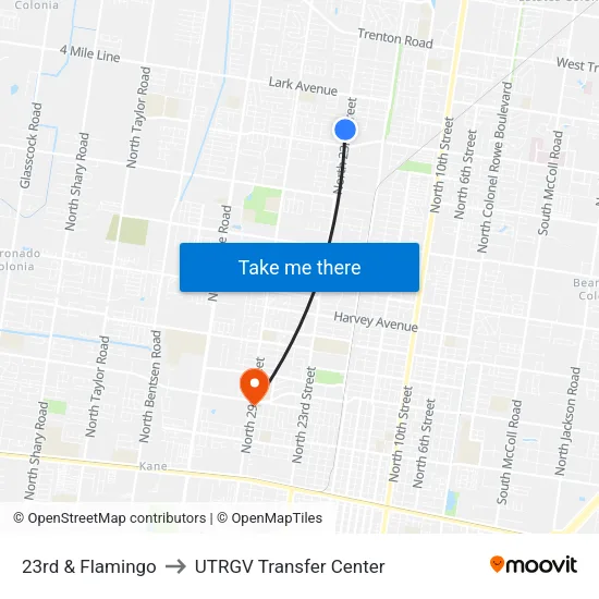 23rd & Flamingo to UTRGV Transfer Center map