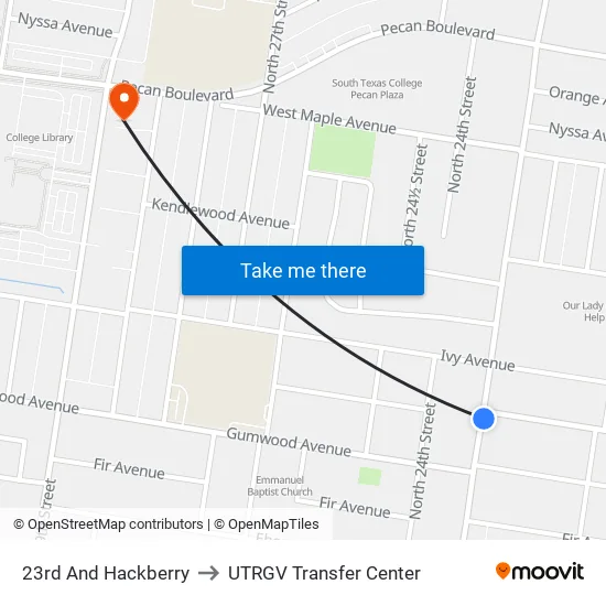 23rd & Hackberry to UTRGV Transfer Center map