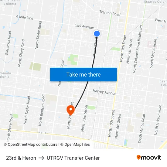 23rd & Heron to UTRGV Transfer Center map