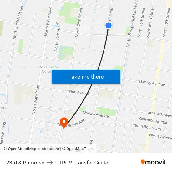 23rd & Primrose to UTRGV Transfer Center map