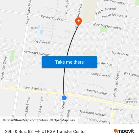 29th & Bus. 83 to UTRGV Transfer Center map