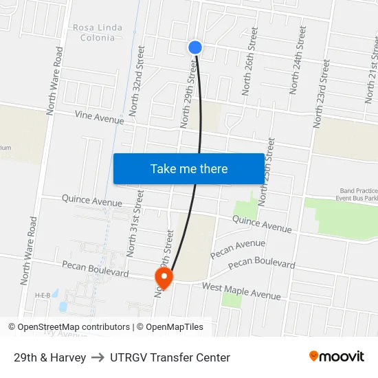 29th & Harvey to UTRGV Transfer Center map