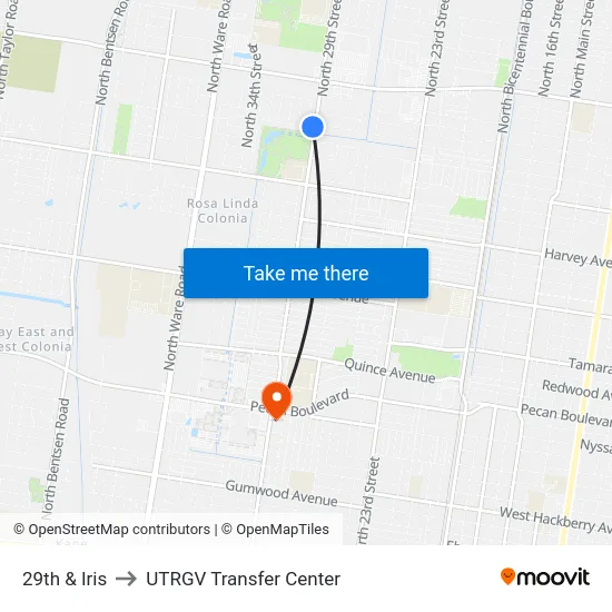 29th & Iris to UTRGV Transfer Center map