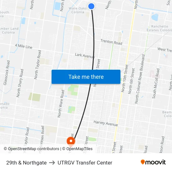 29th & Northgate to UTRGV Transfer Center map