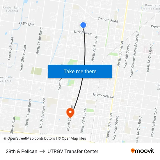 29th & Pelican to UTRGV Transfer Center map