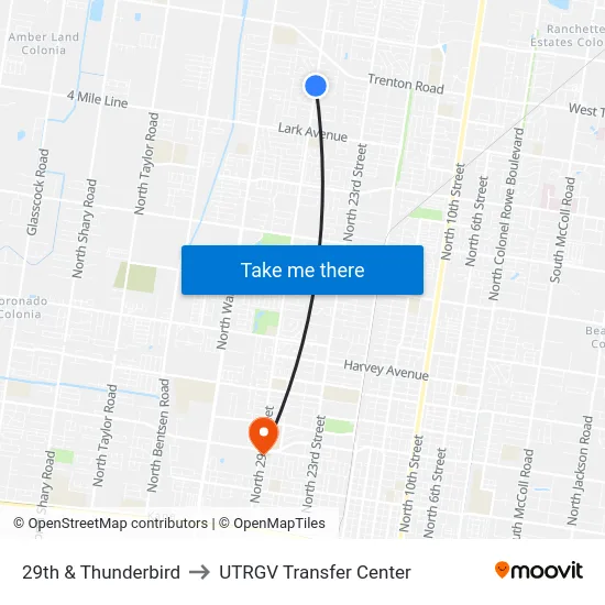 29th & Thunderbird to UTRGV Transfer Center map
