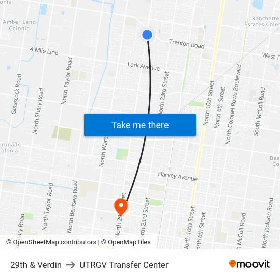 29th & Verdin to UTRGV Transfer Center map