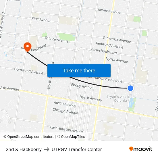 2nd & Hackberry to UTRGV Transfer Center map