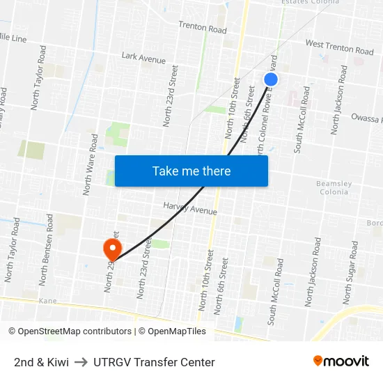 2nd & Kiwi to UTRGV Transfer Center map