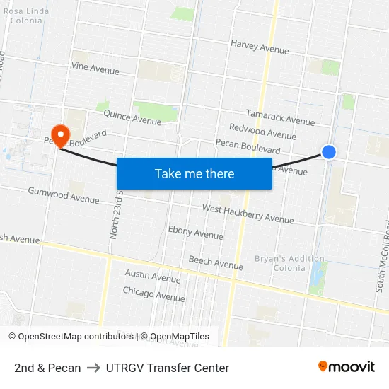 2nd & Pecan to UTRGV Transfer Center map