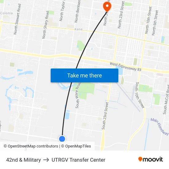 42nd & Military to UTRGV Transfer Center map