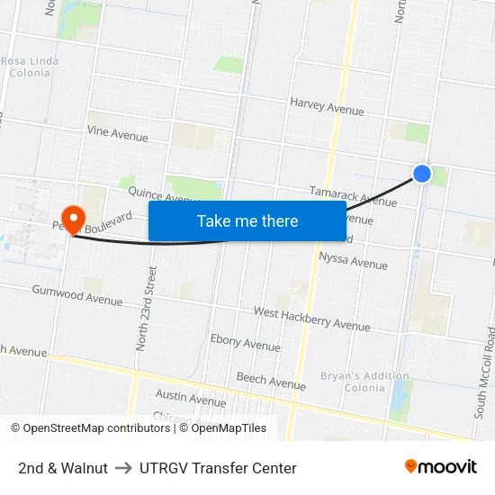 2nd & Walnut to UTRGV Transfer Center map