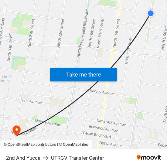 2nd And Yucca to UTRGV Transfer Center map