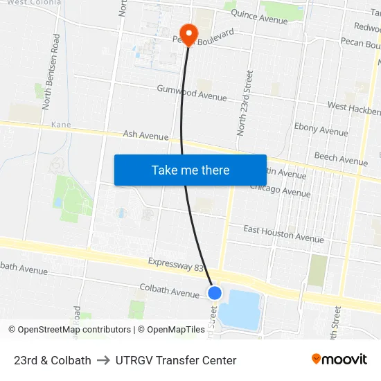 23rd & Colbath to UTRGV Transfer Center map