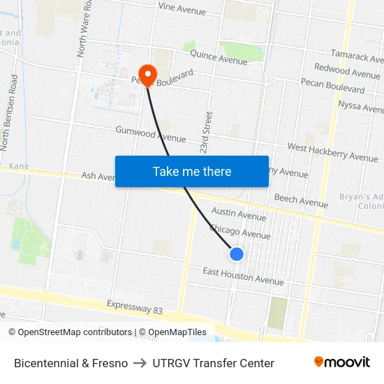 Bicentennial & Fresno to UTRGV Transfer Center map