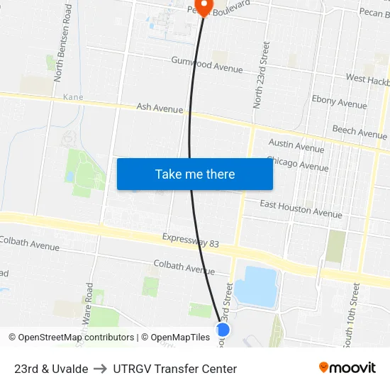 23rd & Uvalde to UTRGV Transfer Center map
