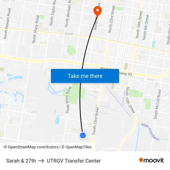Sarah & 27th to UTRGV Transfer Center map