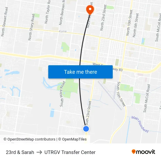23rd & Sarah to UTRGV Transfer Center map