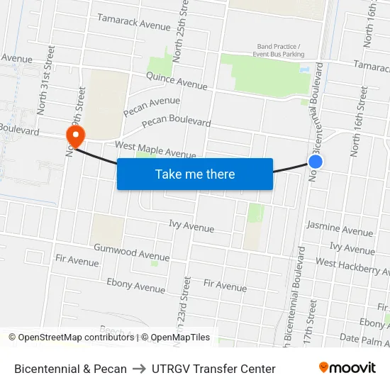 Bicentennial & Pecan to UTRGV Transfer Center map