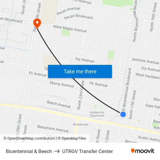 Bicentennial & Beech to UTRGV Transfer Center map