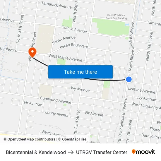 Bicentennial & Kendelwood to UTRGV Transfer Center map