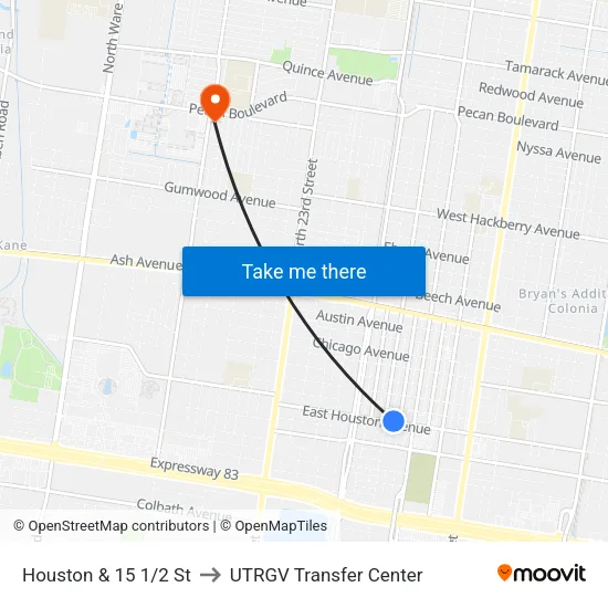Houston & 15 1/2 St to UTRGV Transfer Center map