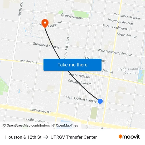 Houston & 12th St to UTRGV Transfer Center map