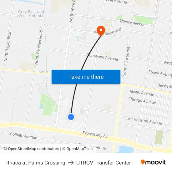 Ithaca at Palms Crossing to UTRGV Transfer Center map