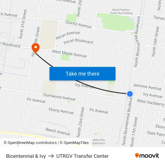 Bicentennial & Ivy to UTRGV Transfer Center map