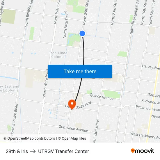 29th & Iris to UTRGV Transfer Center map