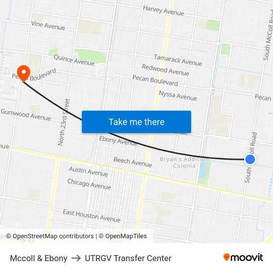 Mccoll & Ebony to UTRGV Transfer Center map