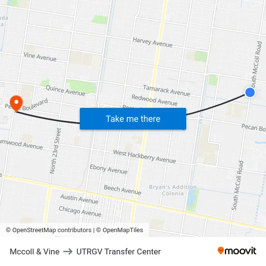 Mccoll & Vine to UTRGV Transfer Center map