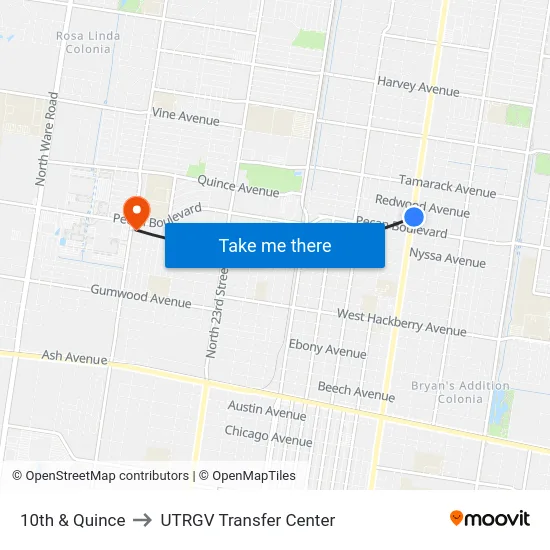 10th & Quince to UTRGV Transfer Center map